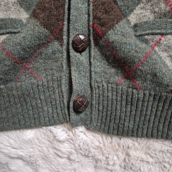J. Crew Cardigan Sweater Lambs Wool Size Medium M Argyle Green Brown Gray Preppy - Picture 6 of 13